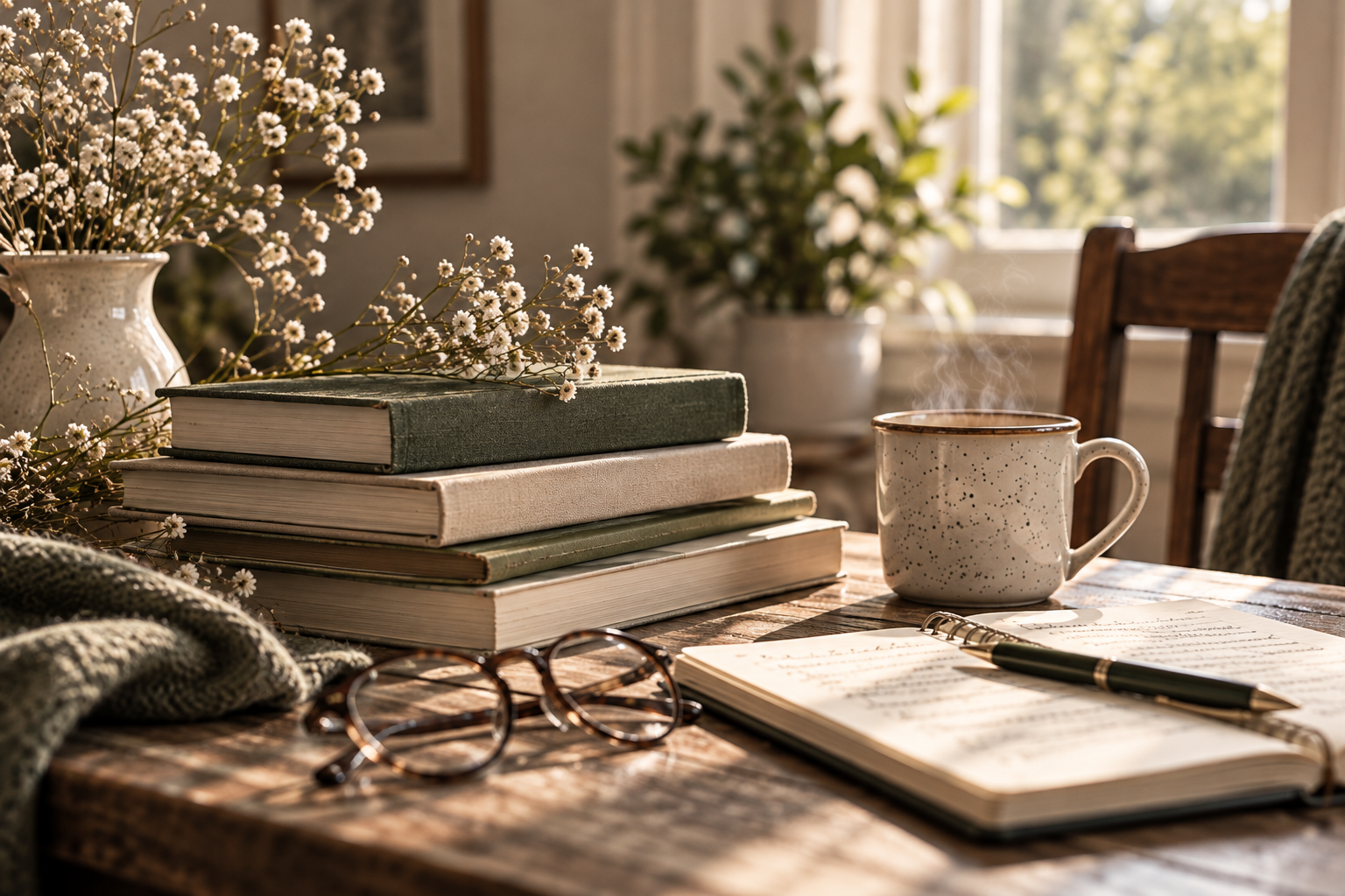 A cosy reading nook with stacked books, dried flowers, a steaming mug and an open notebook